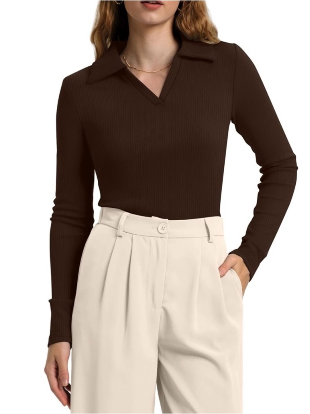 🎉Slim-fit long-sleeve polo, collared knit top V-neck businesscasual essentials. - Picture 5 of 12